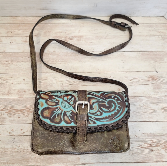 Patricia Nash Brown and Blue Floral Leather Crossbody Bag - Picture 2 of 13